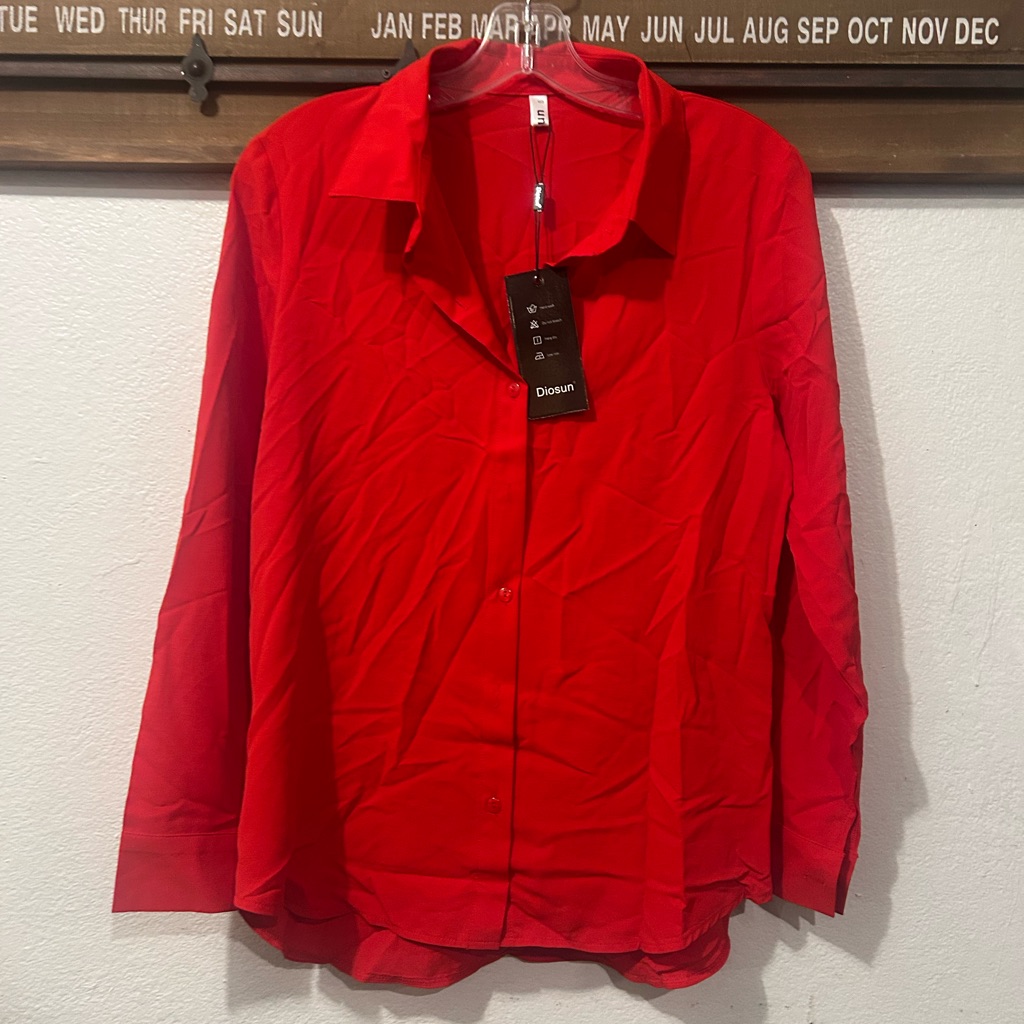 Red Diosun Long-Sleeve Button-Down Blouse Small (1431)
